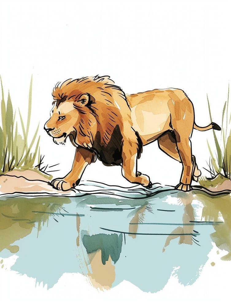 Barbary Lion Crossing A River Clipart 1