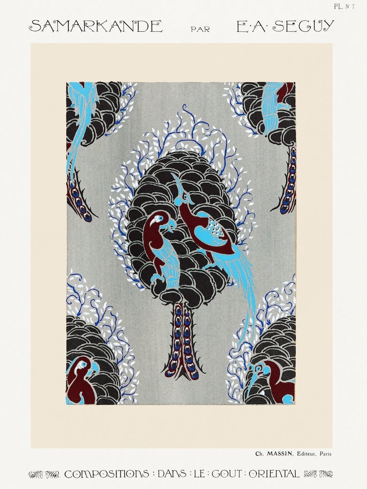 Art Nouveau Motif d'Oiseaux Impression au Pochoir de Style Oriental, Eugène Séguy