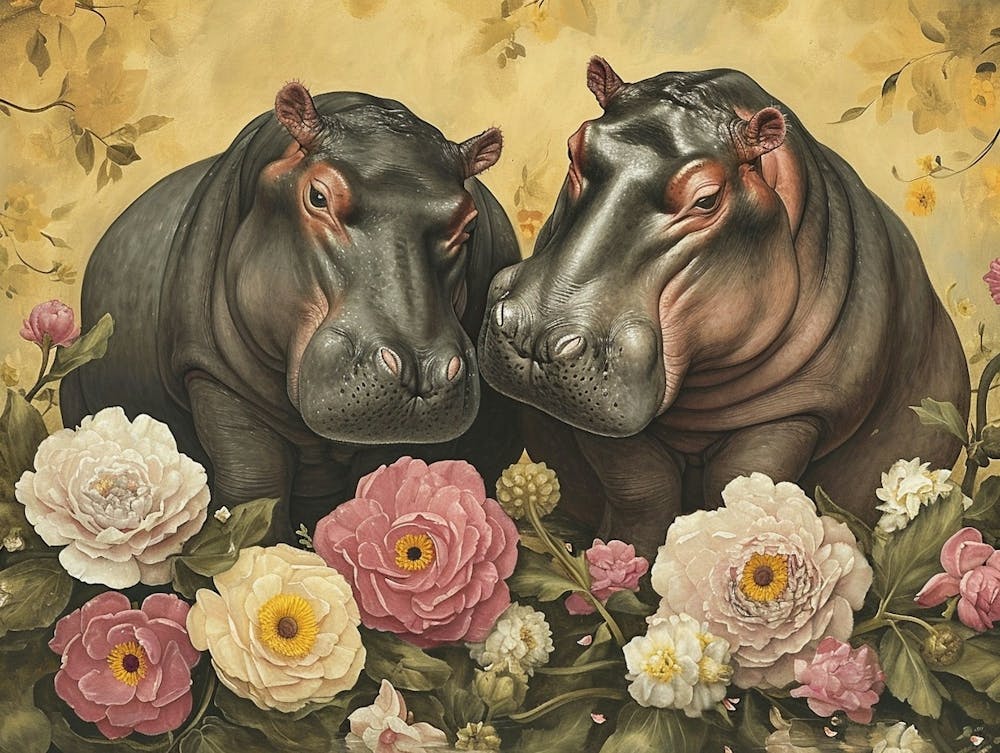 Floral Animal Illustration Hippopotamus 2