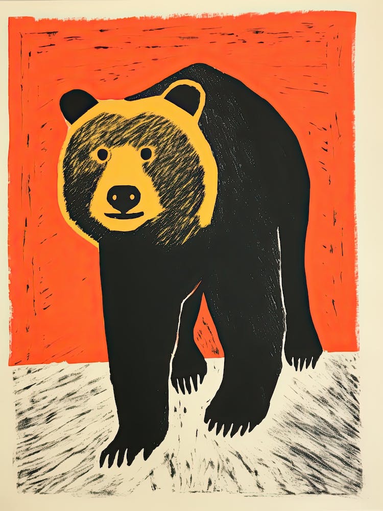 Black Bear, Woodblock Animal  Drawing 2