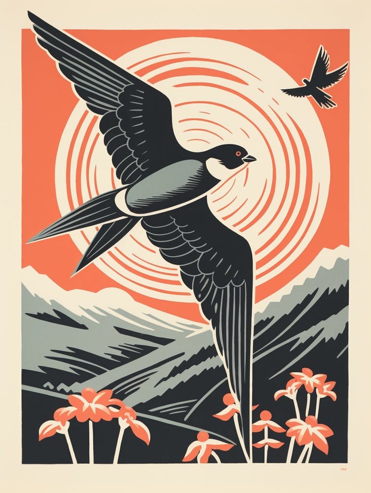 Vintage Bird Linocut Chimney Swift 1