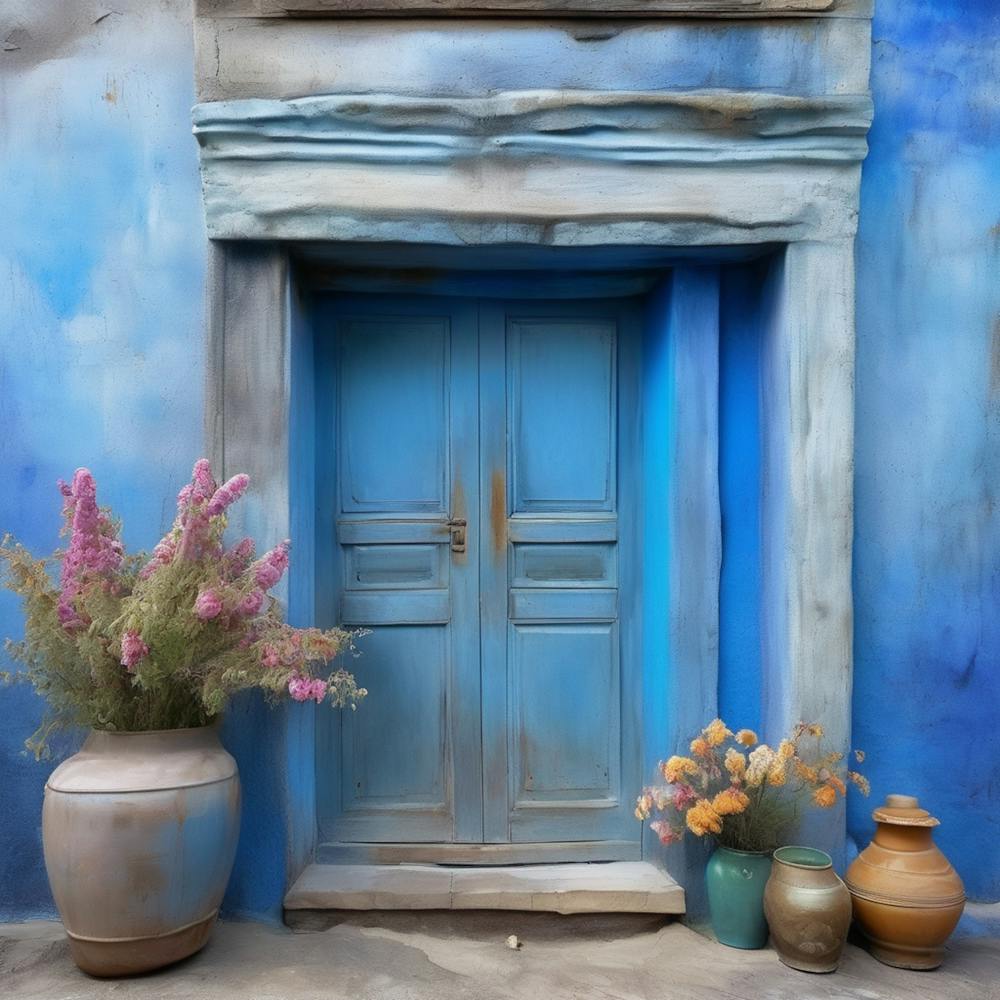Blue wall. An old-style door in the middle, silver in color. There is a large pottery jar next to the door. There are flowers in the jar Spring oil colors. Wall painting.12