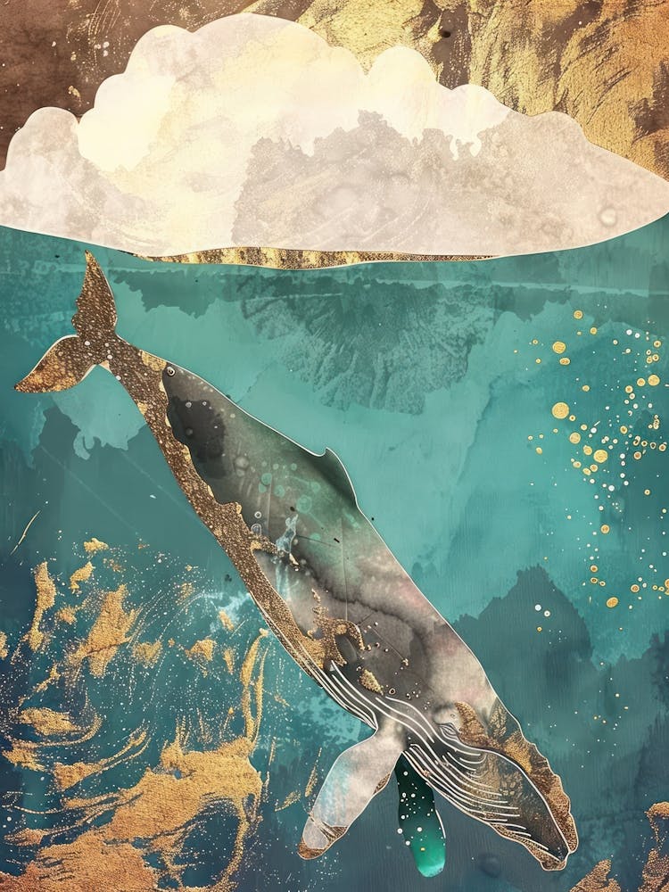 Whale Ocean Painting Gold Blue Effect Collage 1