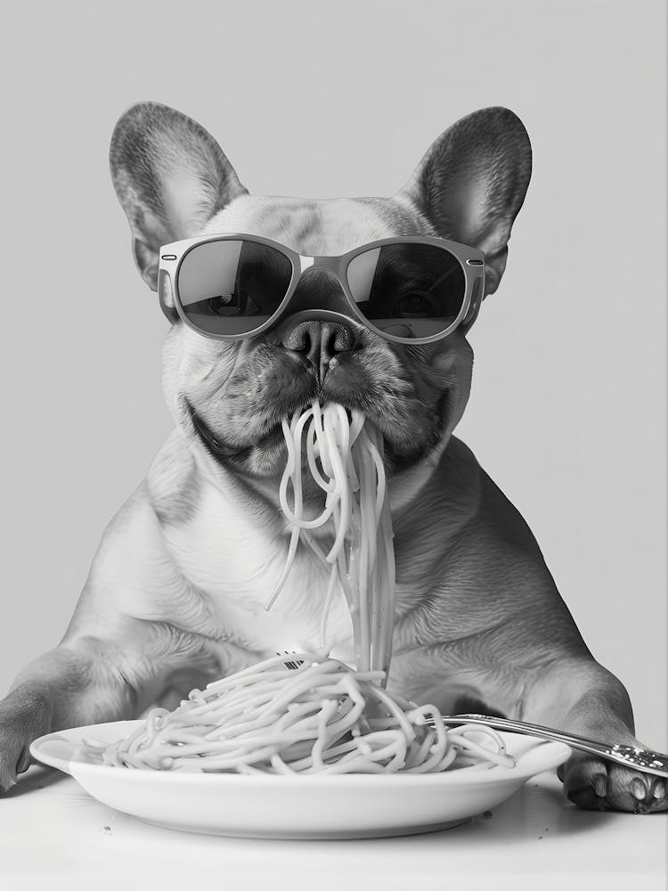 French Bulldog Eating Pasta Wall Art, Spaghetti Print, Black And White Print, Frenchie Print, Dog Gift, Funny Dog Poster, Kitchen Wall Decor