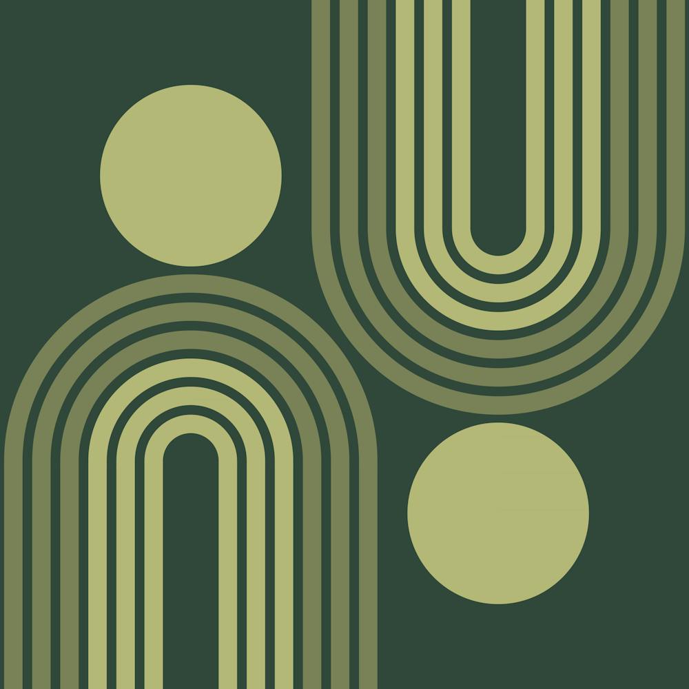 Mid Century Modern Geometrisches Regenbogen- und Sonnen-Abstraktes A11 In Grüntönen 02