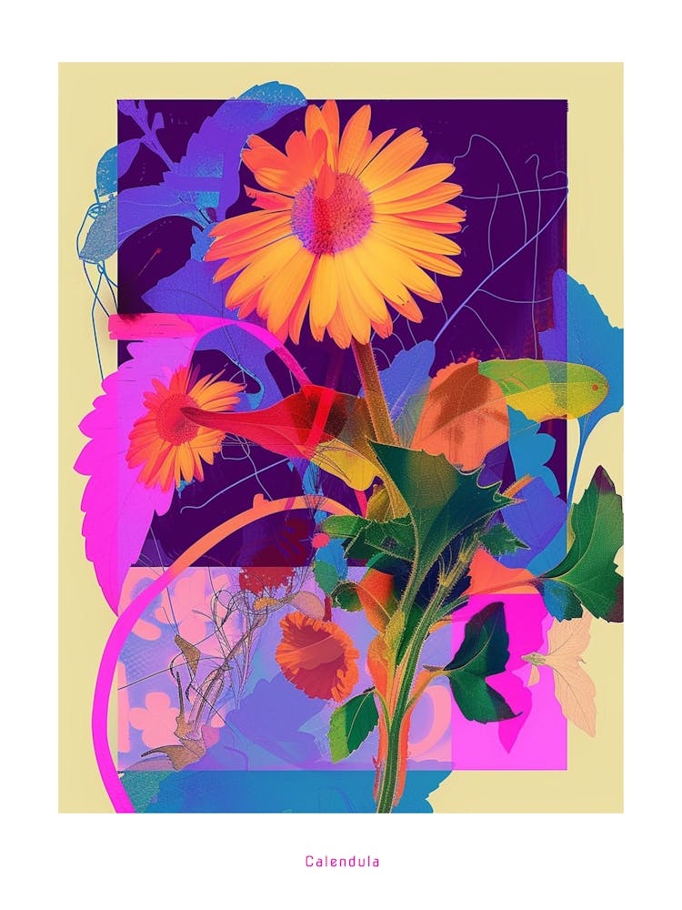 Calendula 4 Neon Flower Collage Poster