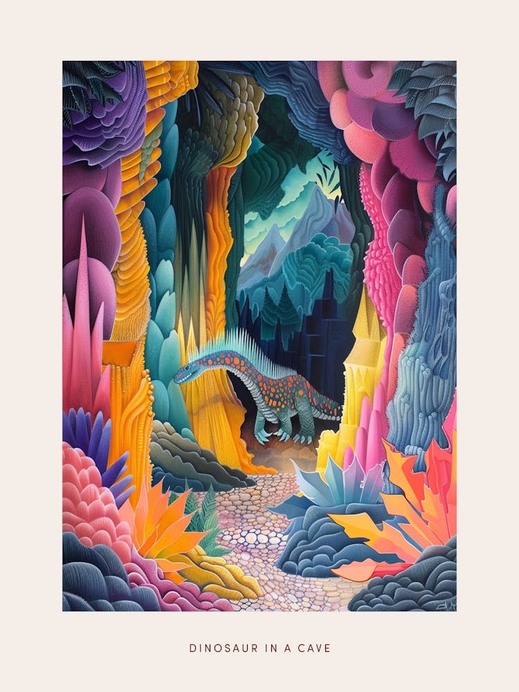 Dinosaur In The Colourful Cave Painting 2 Poster