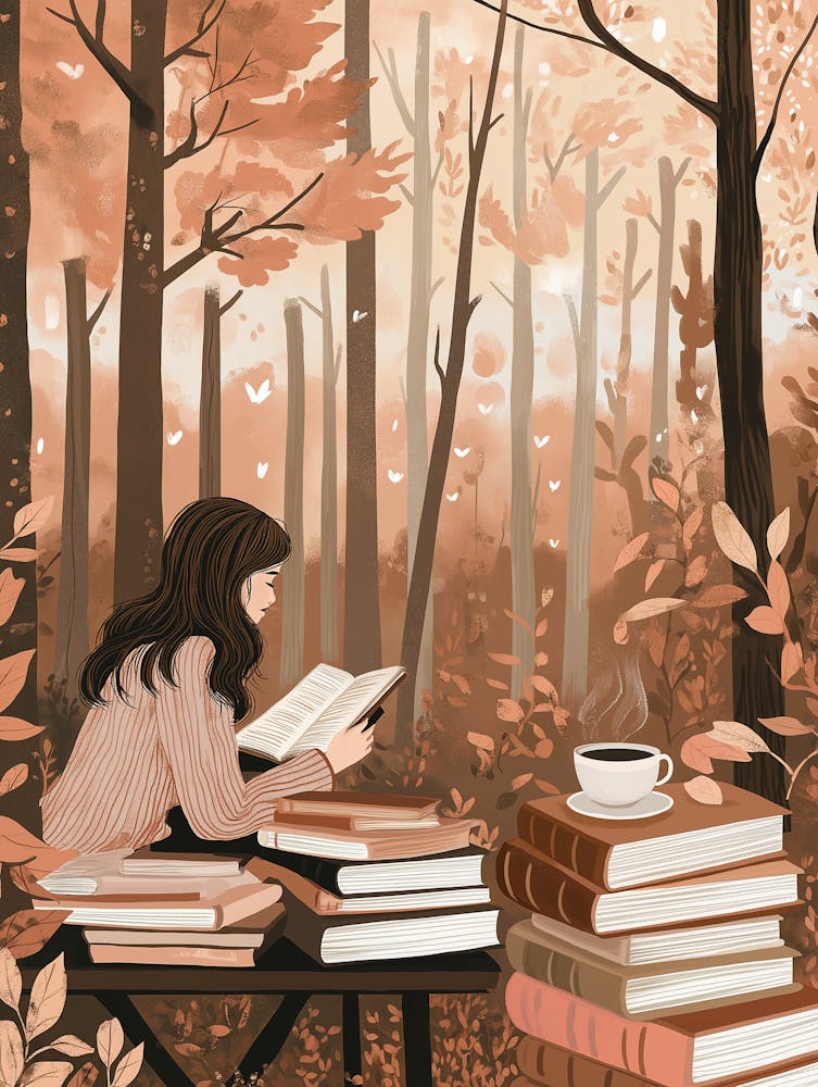 A Girl Reading Books In The Forest, Surrounded By Books