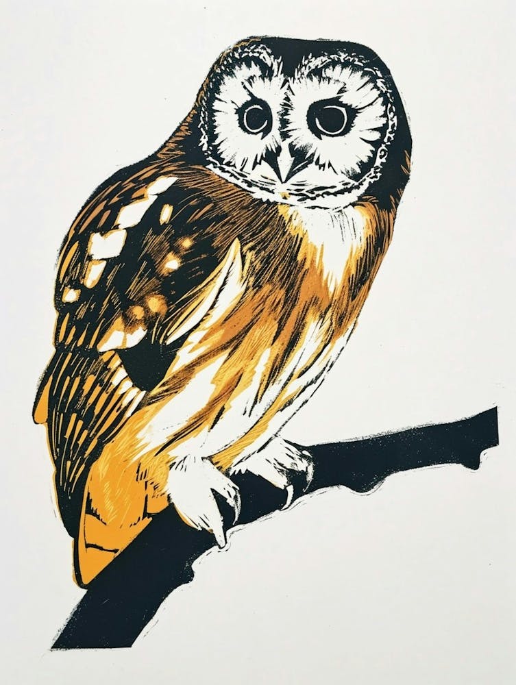Northern Saw Whet Owl Linocut Blockprint 1