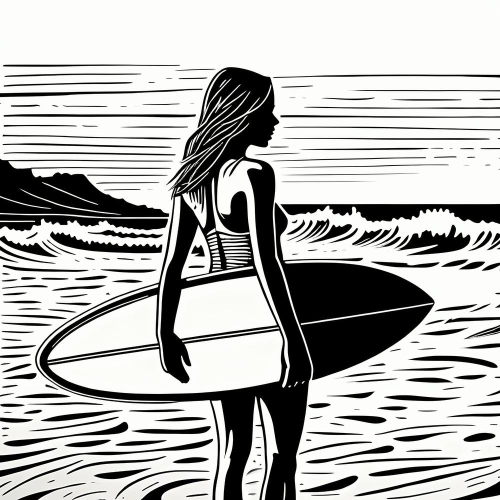 Linocut Black And White Surfer Girl In a Beach art, surfing art, 263
