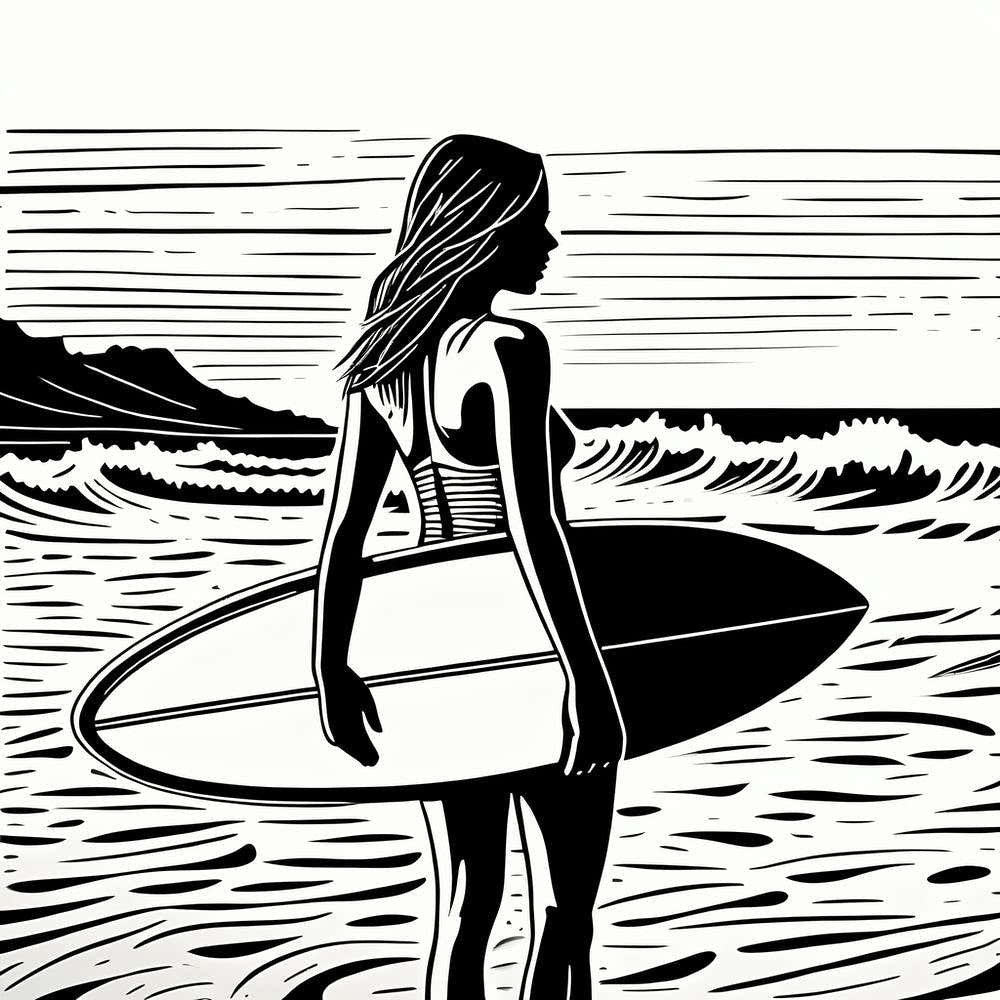 Linocut Black And White Surfer Girl In a Beach art, surfing art, 263