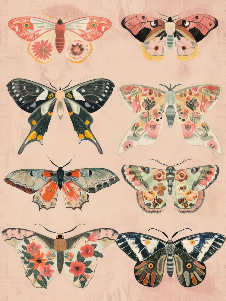 Pink Botanical Butterflies William Morris Style 4