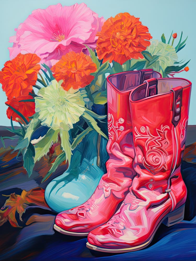 Oil Painting Of Pink And Red Flowers And Cowboy Boots, Oil Style 9