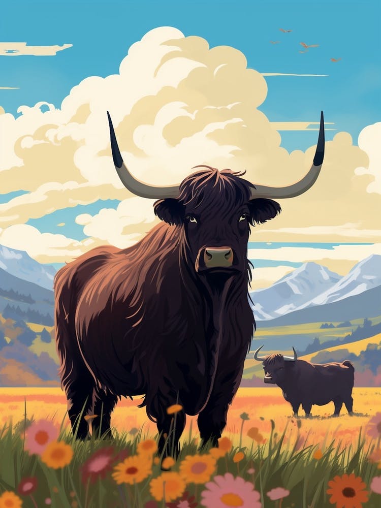 Two Black Bulls In The Floral Highlands Field