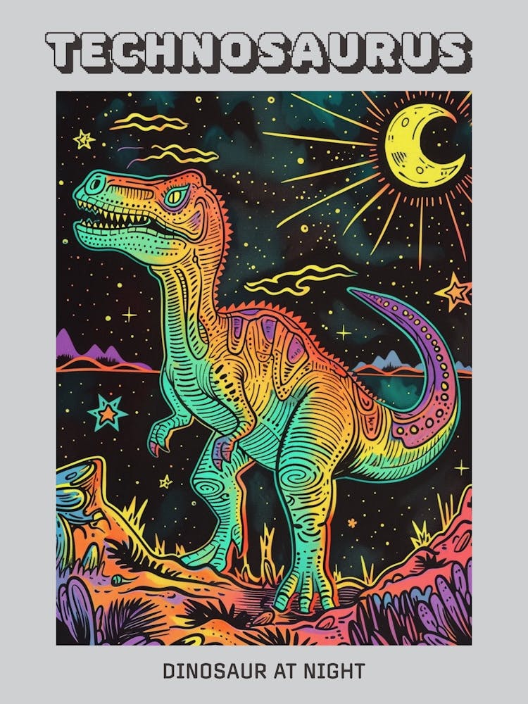 Neon Dinosaur At Night Linework Poster