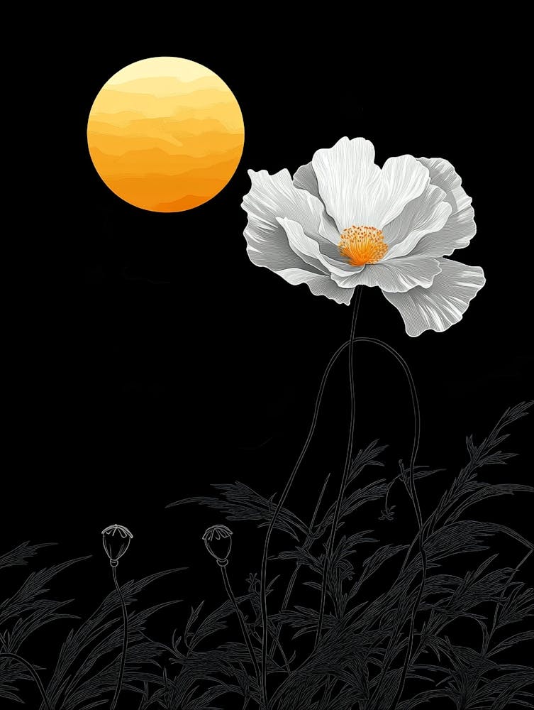 White Poppy Flower On Black Background