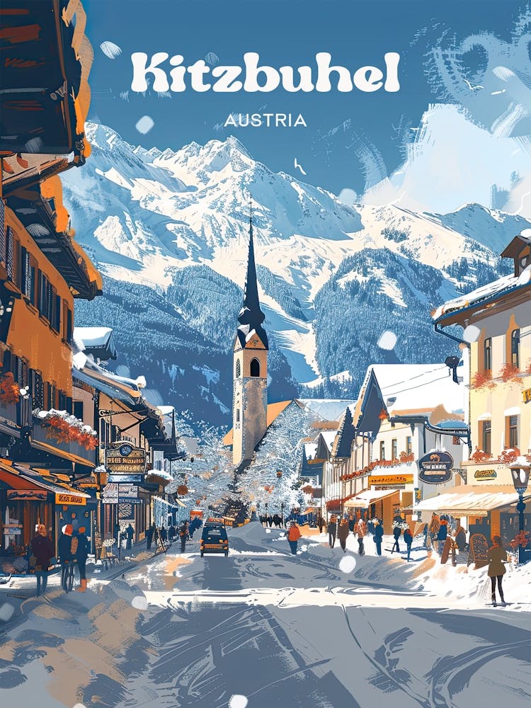 Kitzbuhel Austria Snowy Digital Travel Illustration