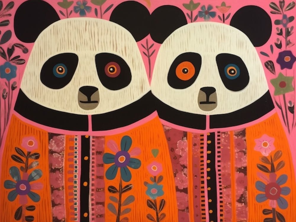 Panda 3 Folk Style Animal Illustration