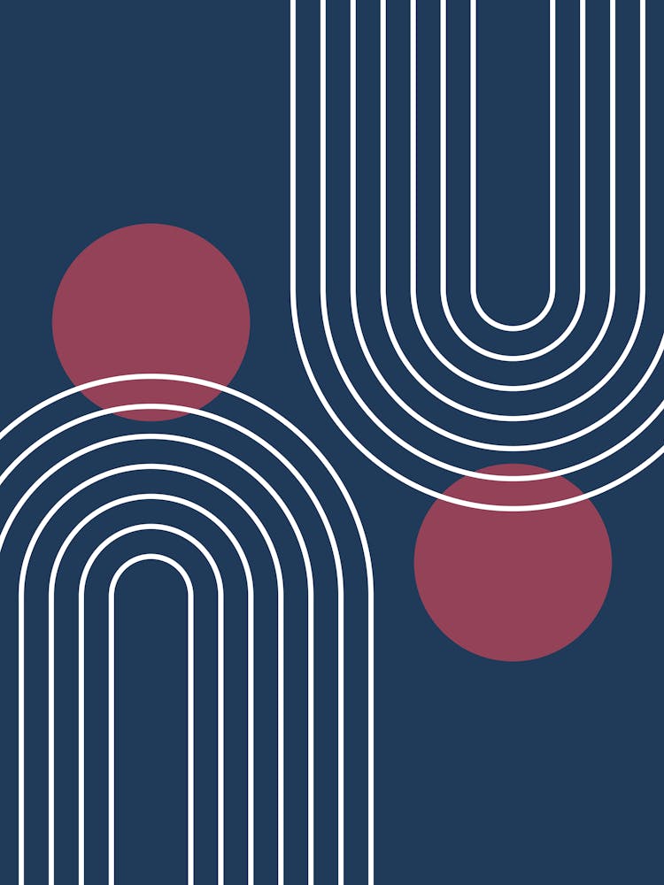 Mid Century Modern Geometrisch in Marineblau und Burgunderrot (Regenbogen und Sonne Abstrakt) 01