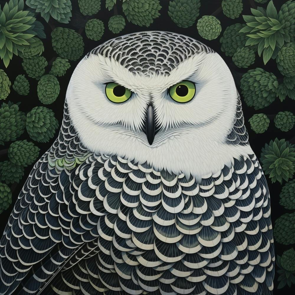 Ohara Koson Inspired Bird Painting Snowy Owl 2 Square