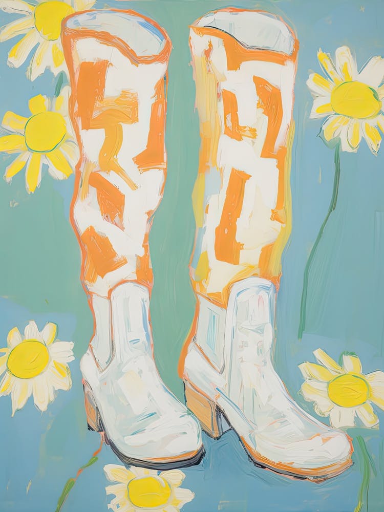 Painting Of White Flowers And Cowboy Boots, Oil Style 10