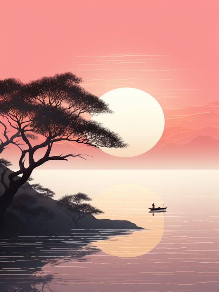 An Illustration In Pink Tones Of A Boat And Trees Overlooking The Ocean 1