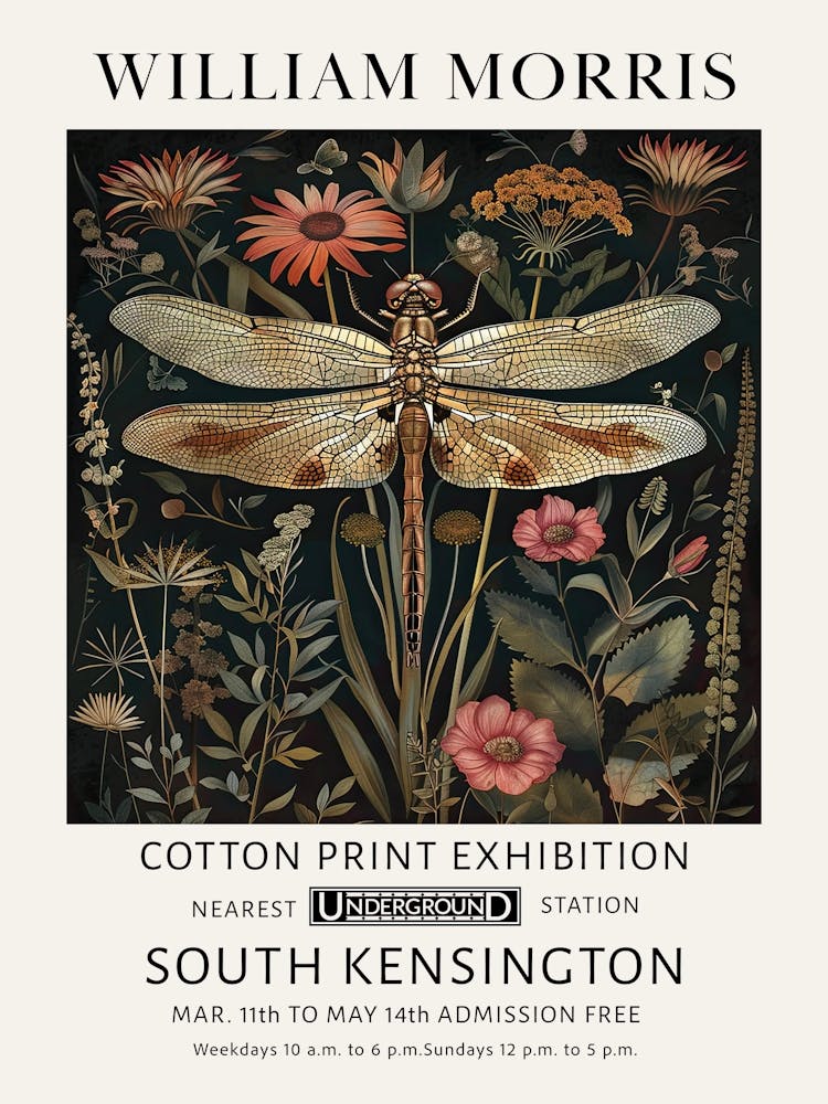 William Morris Vintage Poster Dragonfly Flowers