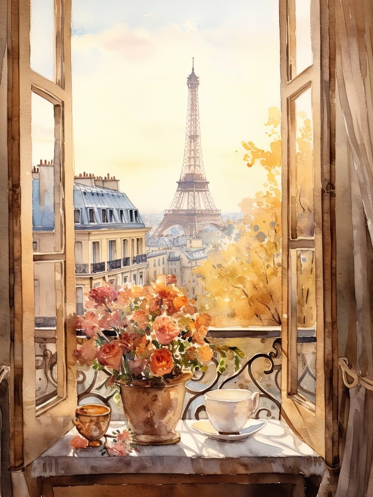 Window View Of Paris France In Autumn Fall, Watercolour 3