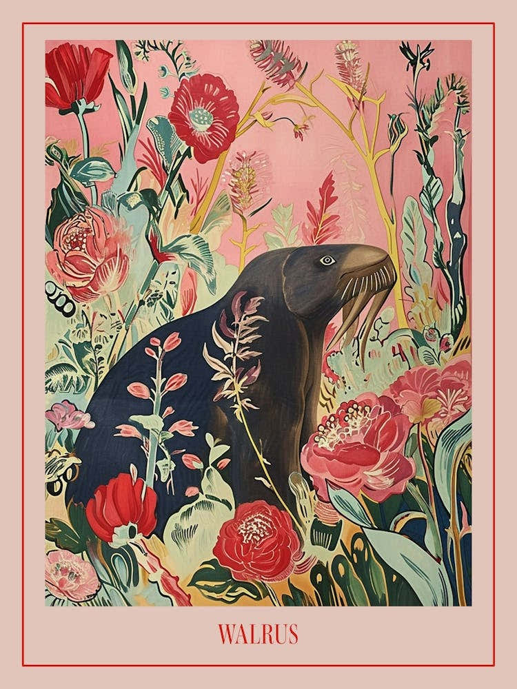 Floral Animal Painting Walrus Poster