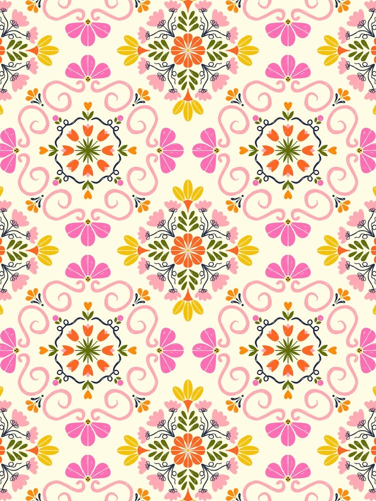 Block Print Pink and Yellow Flowers Boho Floral and Botanical Tiles