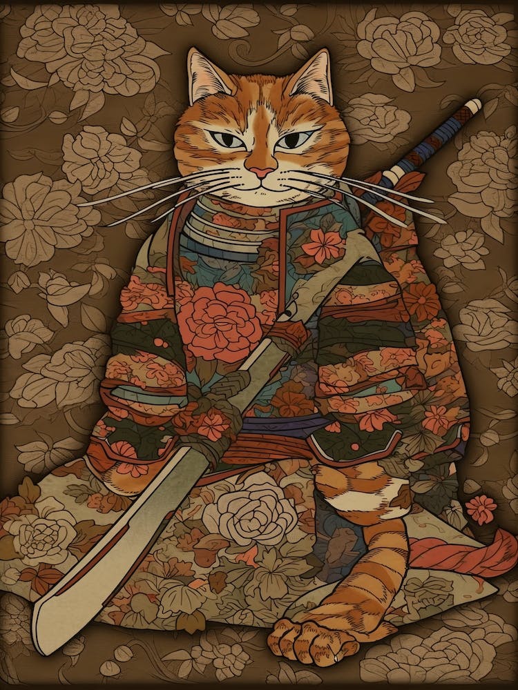 Cute Samurai Cat In The Style Of William Morris 12