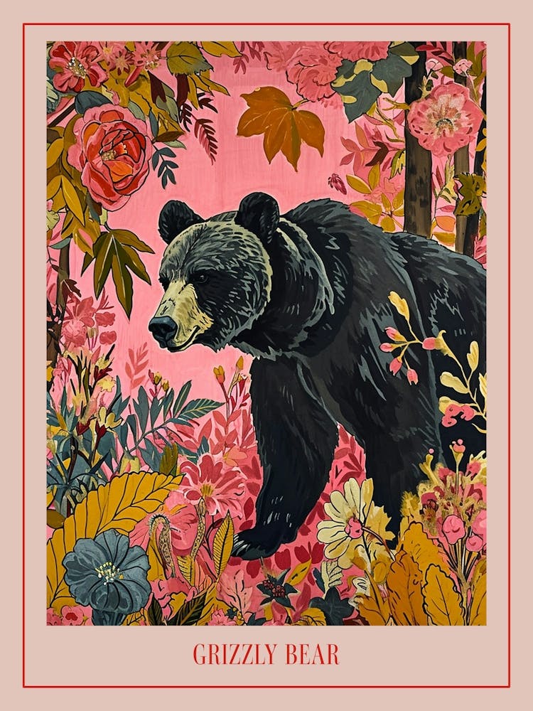 Floral Animal Painting Grizzly Bear 3 Poster