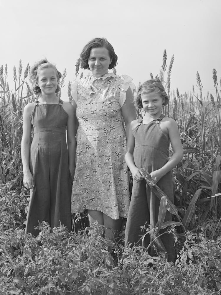 Wife Of Fsa (Farm Security Administration) Client With Her Two Daughters In Garden, Kaffir Corn In