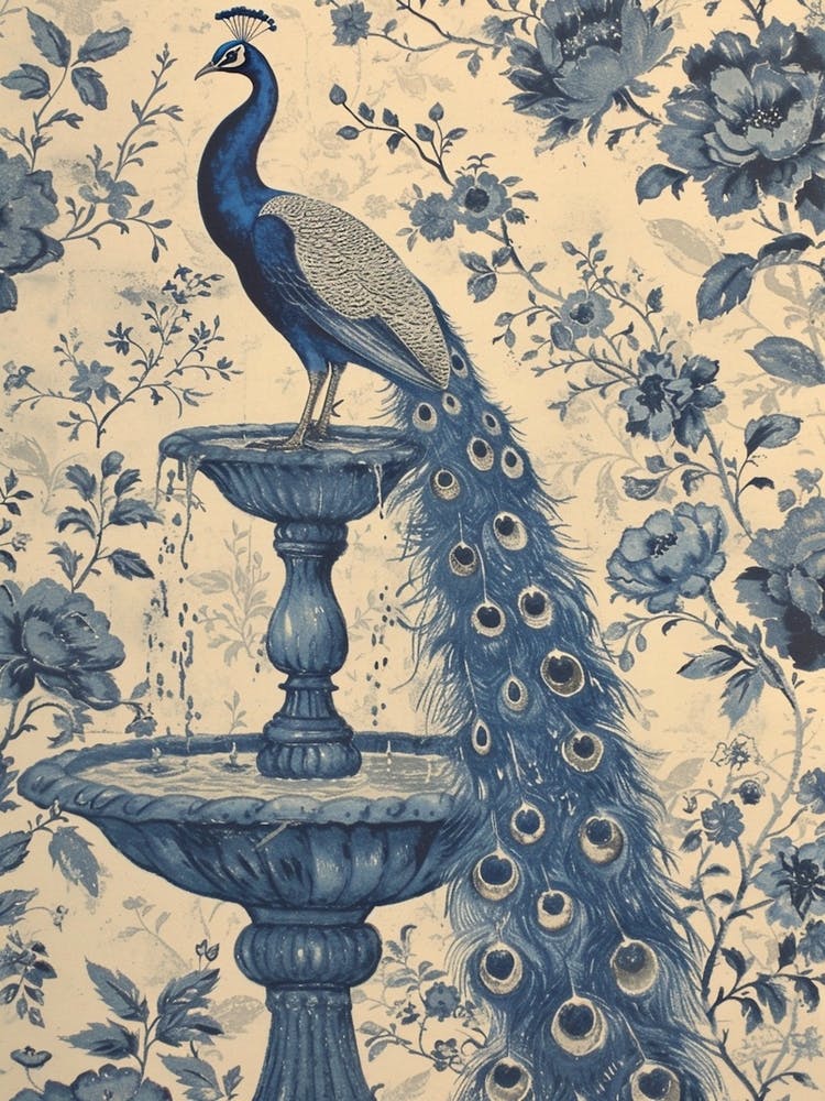 Vintage Peacock Cream & Blue On A Fountain