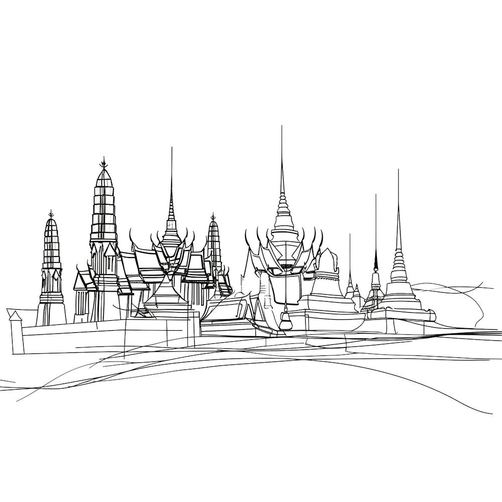 Ville de Thaïlande, minimaliste, dessin au trait, noir et blanc.