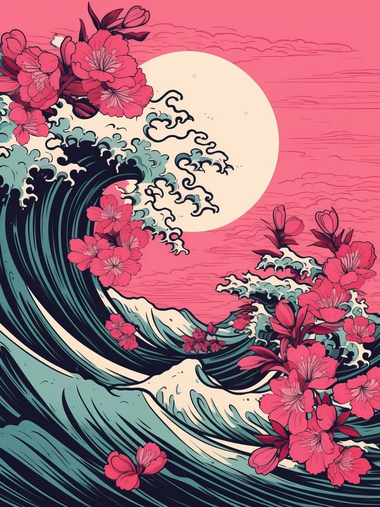 Great Wave With Bougainvillea Flower Drawing In The Style Of Ukiyo E 4