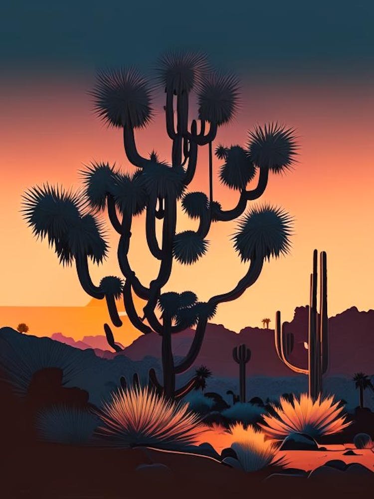 Joshua Tree At Dusk In Desert Retro Illustration (1)