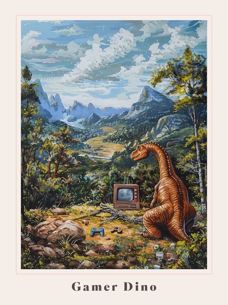 Dinosaur Playing Video Games In The Wild Painting Poster