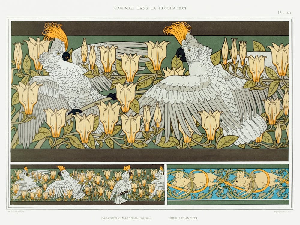 Cockatoos And Magnolia; White Mice From The Animal In The Decoration (1897), Maurice Pillard Verneuil