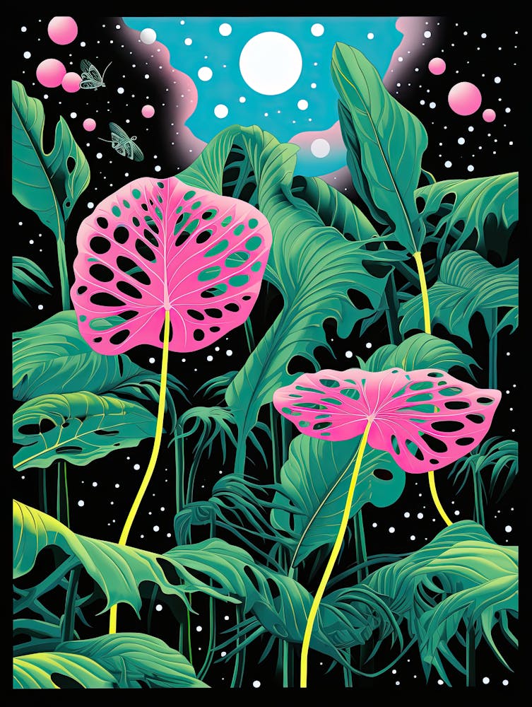 Pink Flowers In The Night Sky | Inspired by Yayoi Kusama