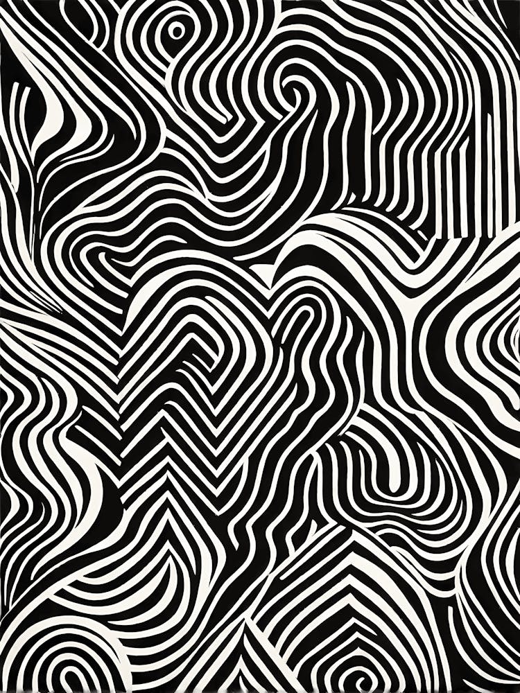 Retro Inspired Linocut Abstract Shapes Black And White Colors art, 217