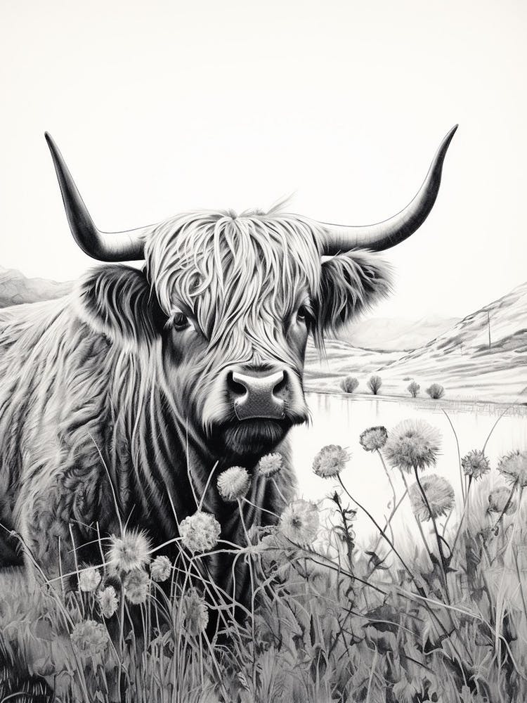 Black & White Illustration Of Highland Cow With Dandelions