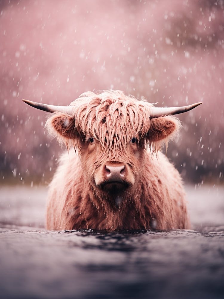 Pink Photography Style Of Highland Cow In The Rain 1