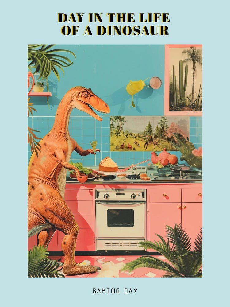 Dinosaur Baking In The Kitchen Retro Abstract Collage 2 Poster