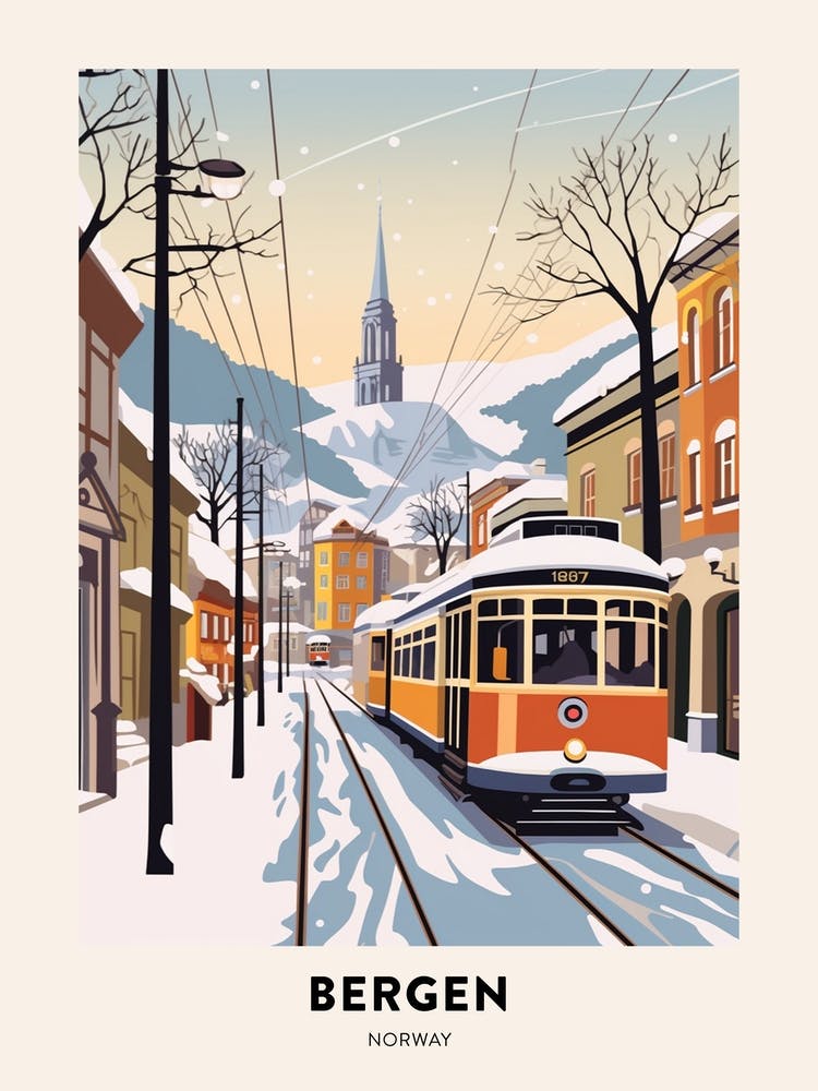 Vintage Winter Travel Poster Bergen Norway 3