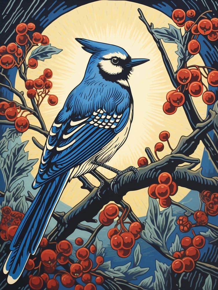 Vintage Bird Linocut Blue Jay 9