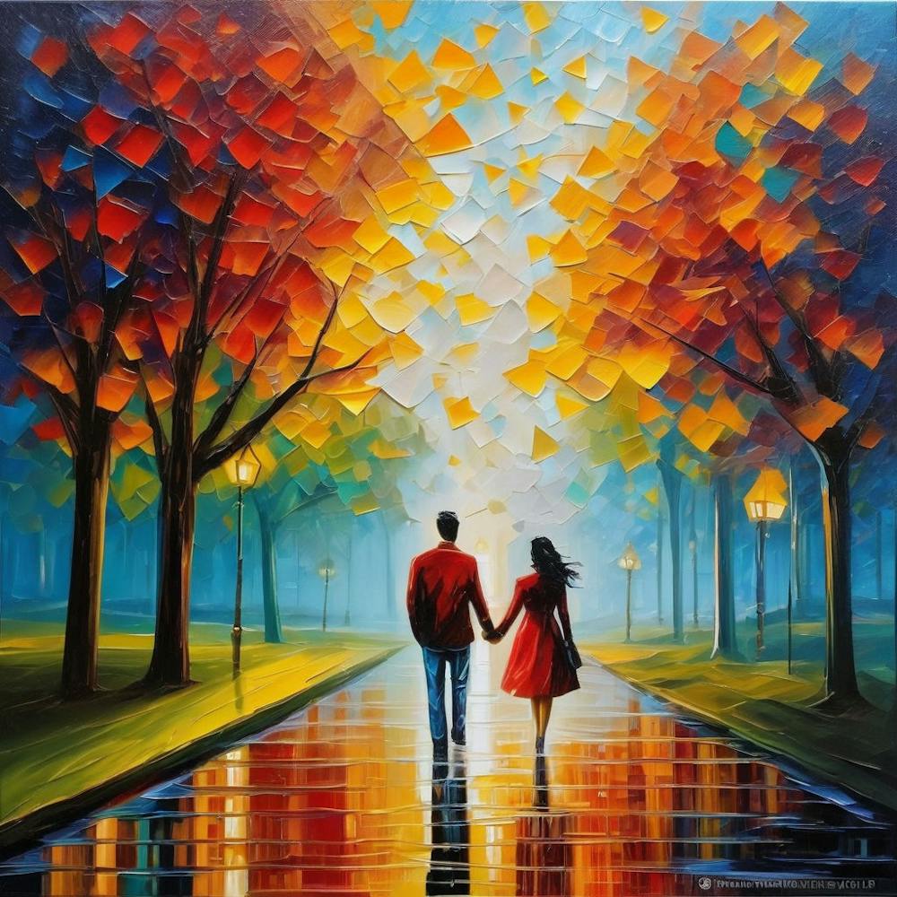oil paint of Couple Walking In The Rain