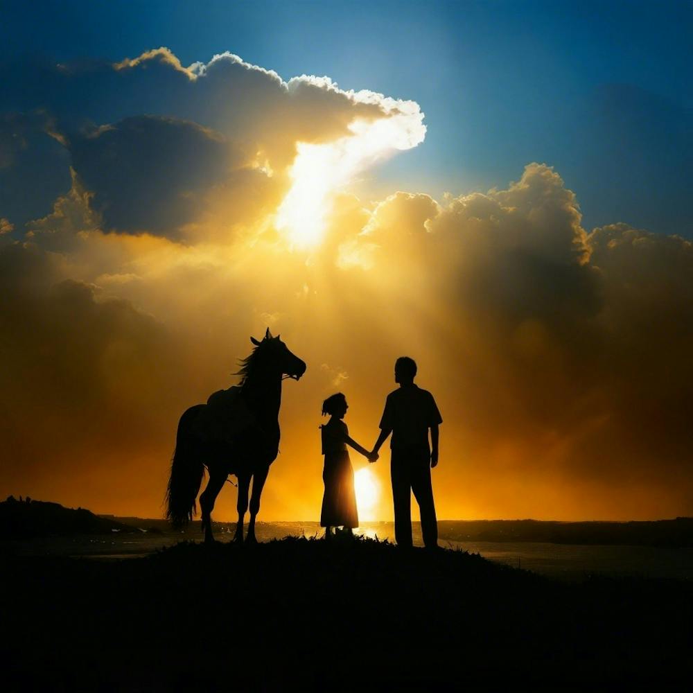 Silhouette von Paar und Pferd bei Sonnenuntergang