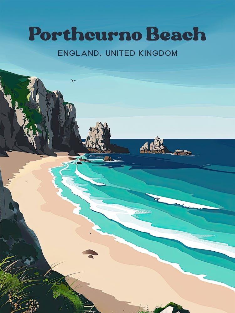 Porthcurno Beach Cornwall Art Illustration