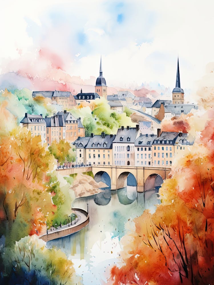 Luxembourg City Luxembourg In Autumn Fall, Watercolour 2